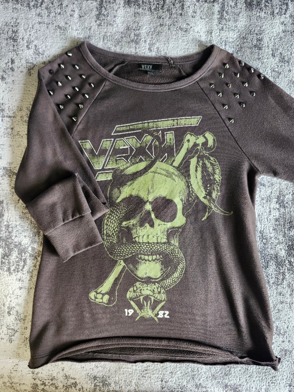 Grey Vexy Graphic Skull Snake Sweatshirt w/ spike stud shoulders